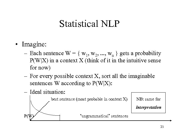 Statistical NLP • Imagine: – Each sentence W = { w 1, w 2,