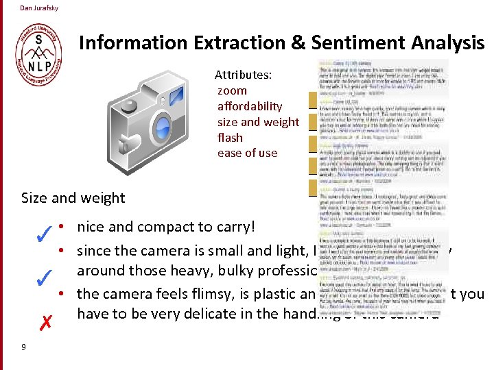 Dan Jurafsky Information Extraction & Sentiment Analysis Attributes: zoom affordability size and weight flash