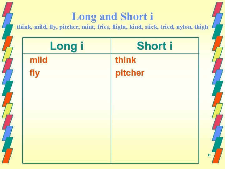 Long and Short i think, mild, fly, pitcher, mint, fries, flight, kind, stick, tried,