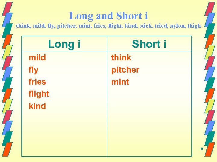 Long and Short i think, mild, fly, pitcher, mint, fries, flight, kind, stick, tried,