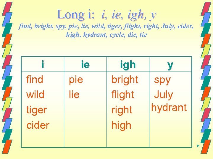 Long i: i, ie, igh, y find, bright, spy, pie, lie, wild, tiger, flight,