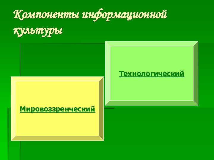 Компоненты информационной культуры Технологический Мировоззренческий 