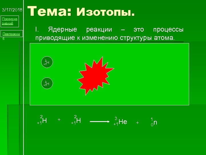 3/17/2018 Проверка знаний Повторени е Тема: Изотопы. I. Ядерные реакции – это процессы приводящие