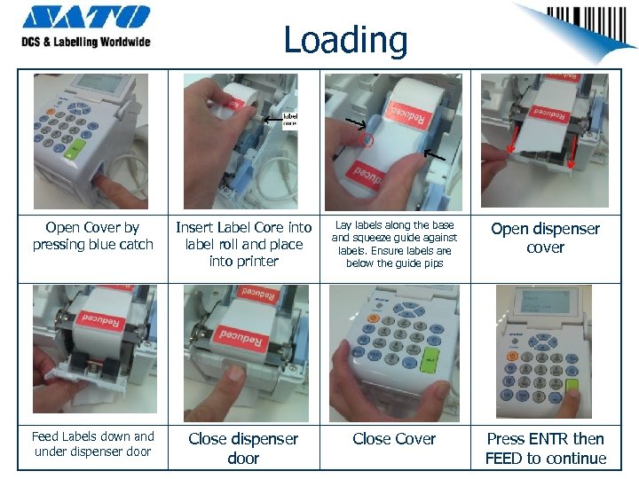 Loading Open Cover by pressing blue catch Insert Label Core into label roll and