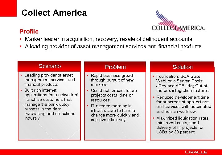 Collect America Profile • Marker leader in acquisition, recovery, resale of delinquent accounts. •