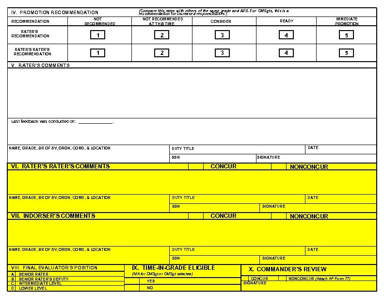 IV. PROMOTION RECOMMENDATION NOT RECOMMENDED RATER’S RECOMMENDATION (Compare this ratee with others of the