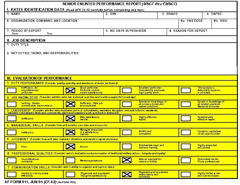 SENIOR ENLISTED PERFORMANCE REPORT (MSGT thru CMSGT) I. RATEE IDENTIFICATION DATA (Read AFR 39