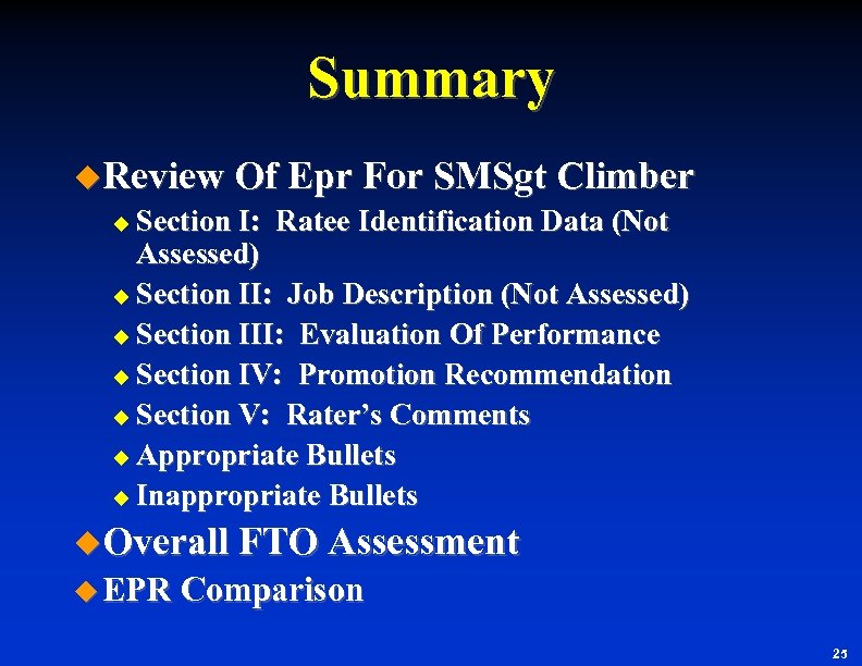 Summary u. Review Of Epr For SMSgt Climber u Section I: Ratee Identification Data