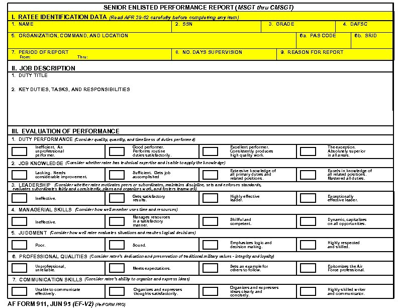 SENIOR ENLISTED PERFORMANCE REPORT (MSGT thru CMSGT) I. RATEE IDENTIFICATION DATA (Read AFR 39