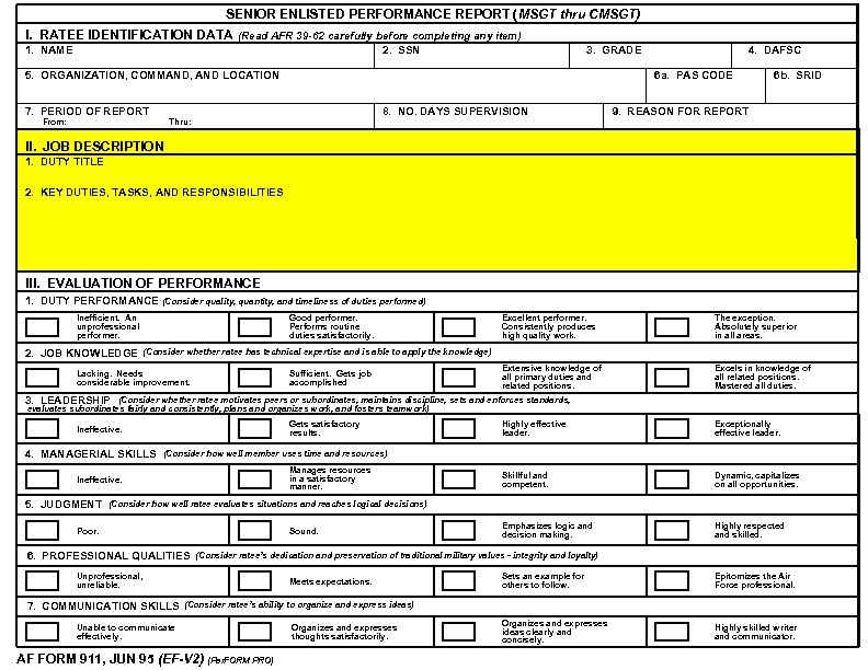 SENIOR ENLISTED PERFORMANCE REPORT (MSGT thru CMSGT) I. RATEE IDENTIFICATION DATA (Read AFR 39