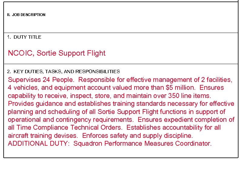 II. JOB DESCRIPTION 1. DUTY TITLE NCOIC, Sortie Support Flight 2. KEY DUTIES, TASKS,