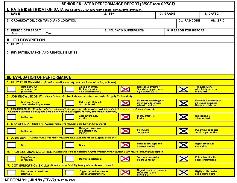 SENIOR ENLISTED PERFORMANCE REPORT (MSGT thru CMSGT) I. RATEE IDENTIFICATION DATA (Read AFR 39