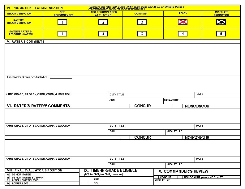 IV. PROMOTION RECOMMENDATION RATER’S RECOMMENDATION NOT RECOMMENDED (Compare this ratee with others of the