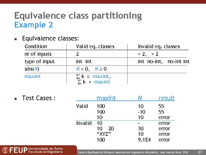 Equivalence class partitioning Example 2 n Equivalence classes: Condition nr of inputs type of