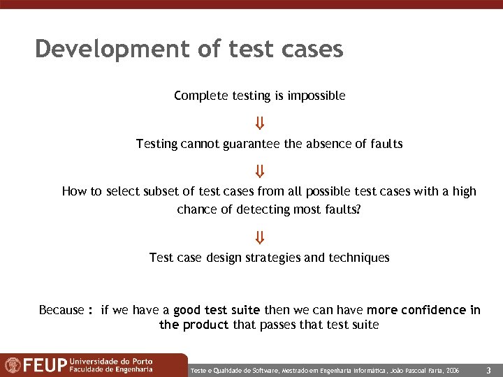 Development of test cases Complete testing is impossible Testing cannot guarantee the absence of