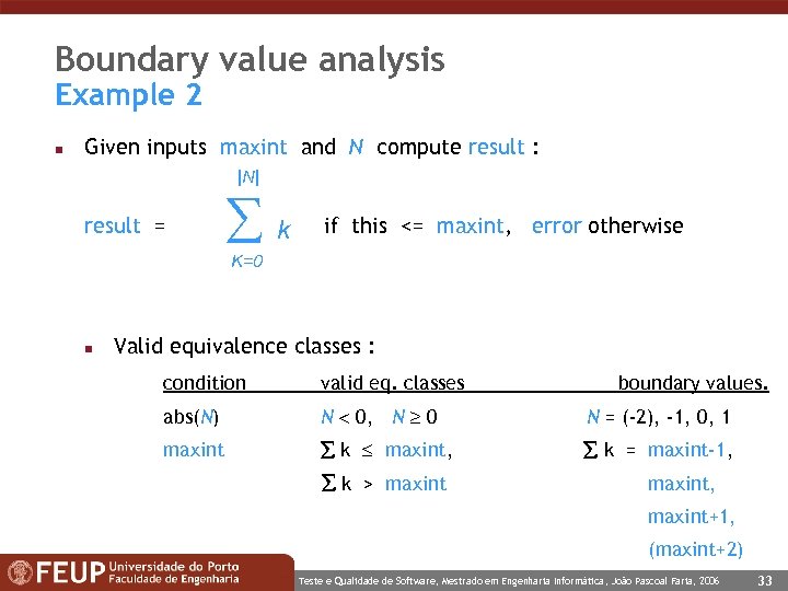 Boundary value analysis Example 2 n Given inputs maxint and N compute result :