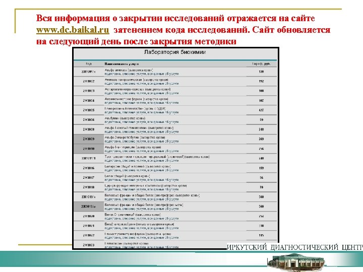 Вся информация о закрытии исследований отражается на сайте www. dc. baikal. ru затенением кода