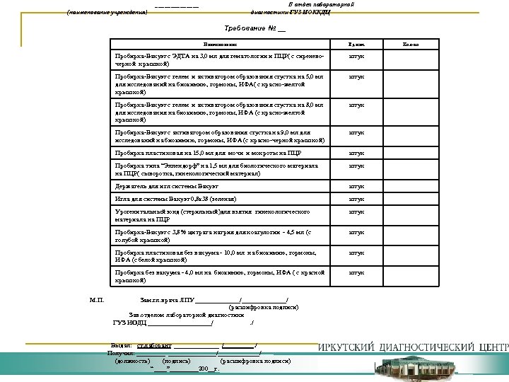  _______ В отдел лабораторной (наименование учреждения) диагностики ГУЗ ИОККДЦ Требование № __ Наименование