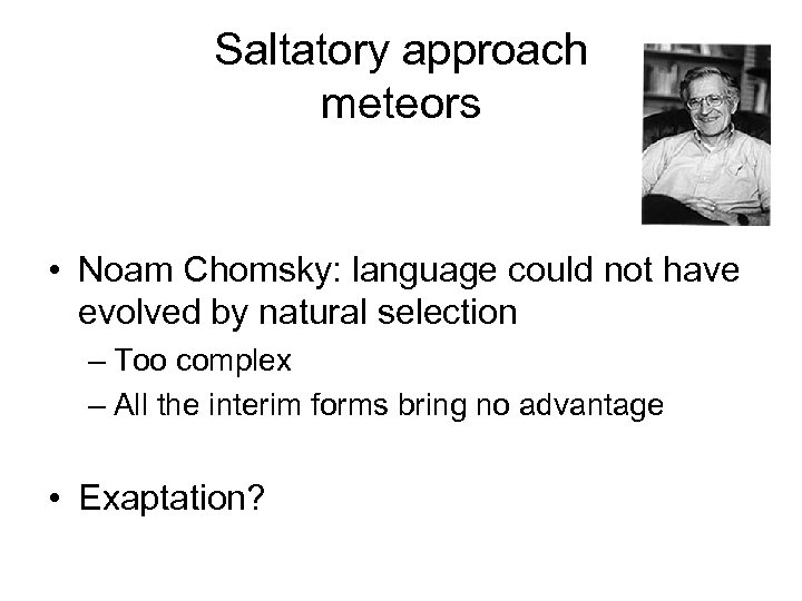 Saltatory approach meteors • Noam Chomsky: language could not have evolved by natural selection