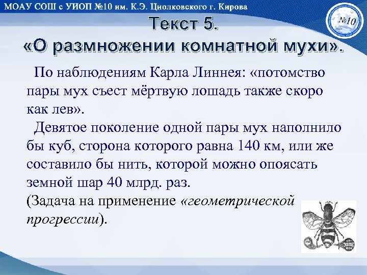 Текст 5. «О размножении комнатной мухи» . По наблюдениям Карла Линнея: «потомство пары мух