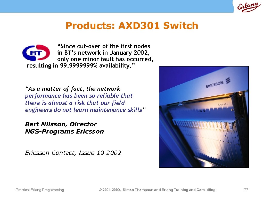 Products: AXD 301 Switch “Since cut-over of the first nodes in BT’s network in