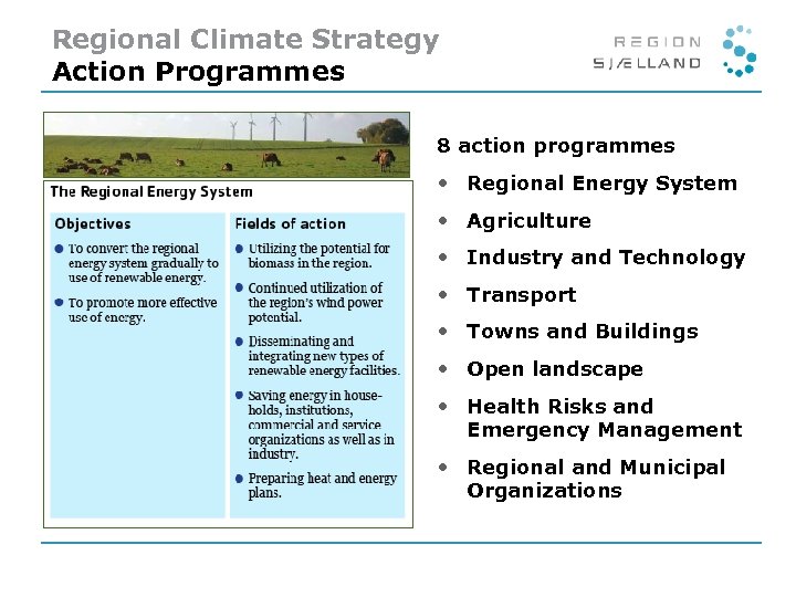 Regional Climate Strategy Action Programmes 8 action programmes • Regional Energy System • Agriculture