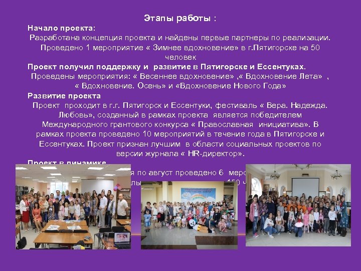 Этапы работы : Начало проекта: Разработана концепция проекта и найдены первые партнеры по реализации.