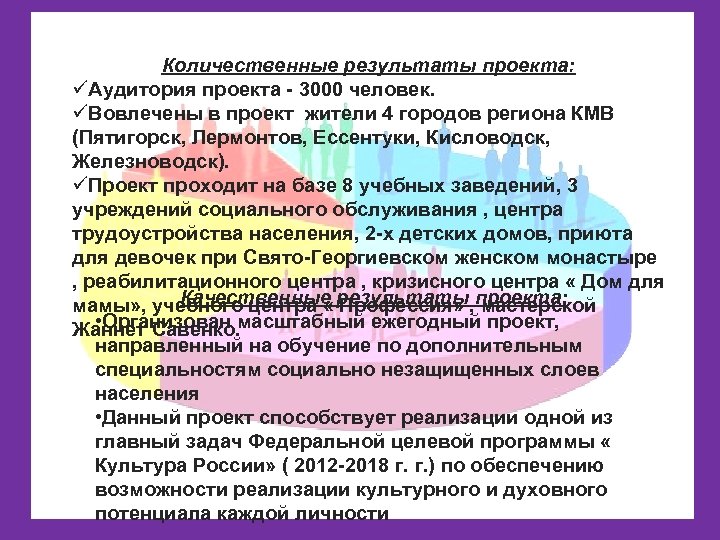 Количественные результаты проекта: üАудитория проекта - 3000 человек. üВовлечены в проект жители 4 городов