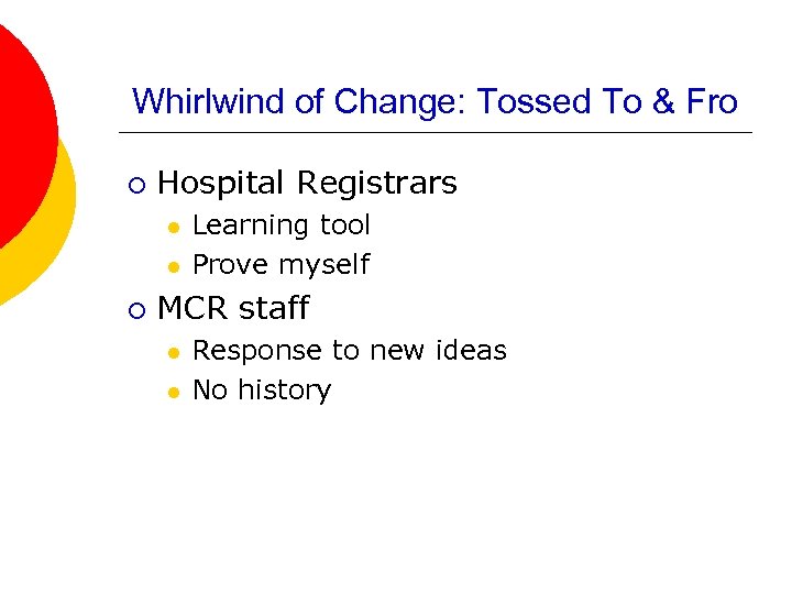 Whirlwind of Change: Tossed To & Fro ¡ Hospital Registrars l l ¡ Learning