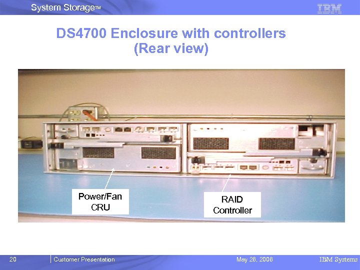 System Storage. TM DS 4700 Enclosure with controllers (Rear view) Power/Fan CRU 20 Customer