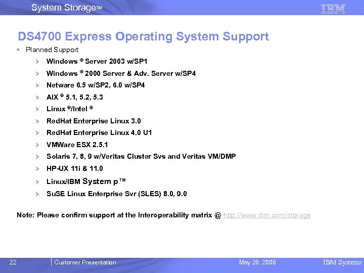 System Storage. TM DS 4700 Express Operating System Support § Planned Support Ø Windows