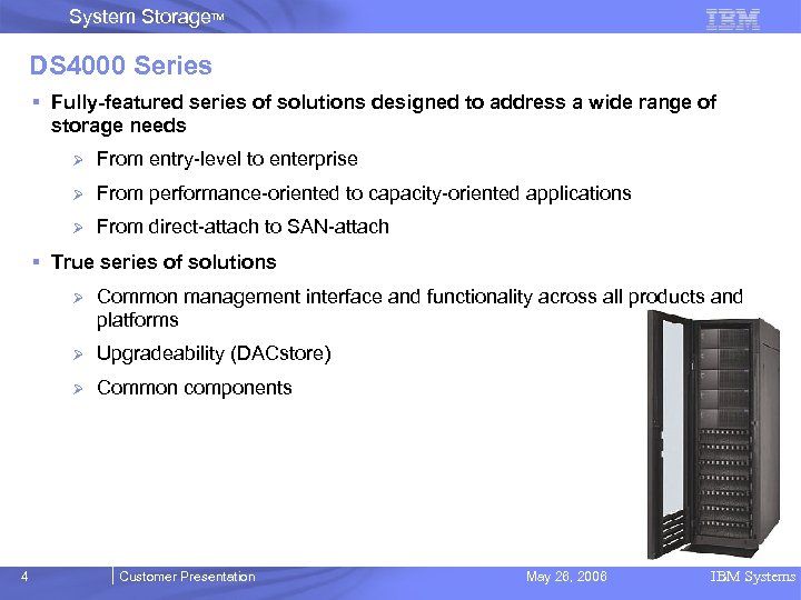 System Storage. TM DS 4000 Series § Fully-featured series of solutions designed to address