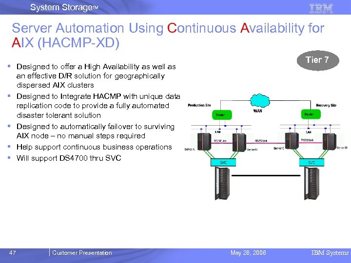 System Storage. TM Server Automation Using Continuous Availability for AIX (HACMP-XD) Tier 7 §