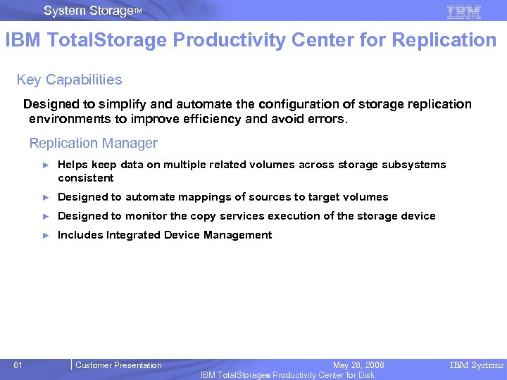 System Storage. TM IBM Total. Storage Productivity Center for Replication Key Capabilities Designed to