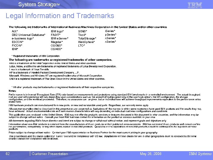 System Storage. TM Legal Information and Trademarks AIX* DB 2 Universal Database* e-business logo*