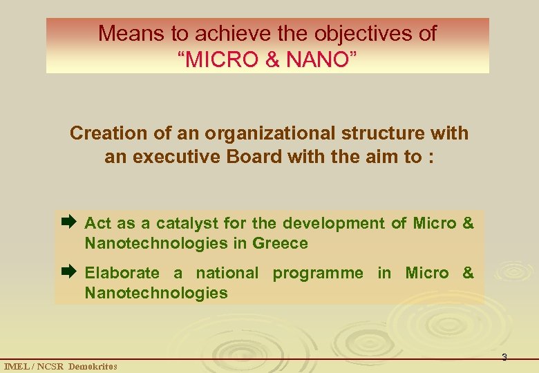 Means to achieve the objectives of “MICRO & NANO” Creation of an organizational structure