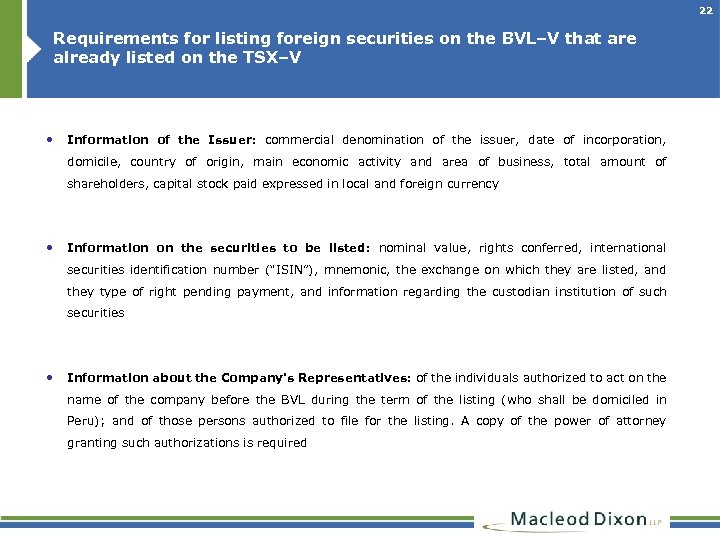 22 Requirements for listing foreign securities on the BVL–V that are already listed on
