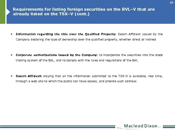 23 Requirements for listing foreign securities on the BVL–V that are already listed on