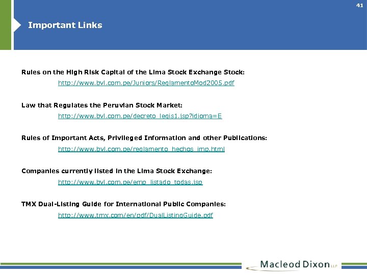 41 Important Links Rules on the High Risk Capital of the Lima Stock Exchange