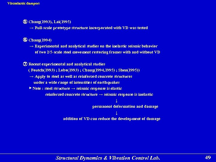 Viscoelastic dampers ⑤ Chang(1993), Lai(1995) → Full-scale prototype structure incorporated with VD was tested