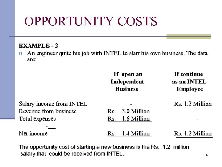 OPPORTUNITY COSTS EXAMPLE - 2 o An engineer quite his job with INTEL to