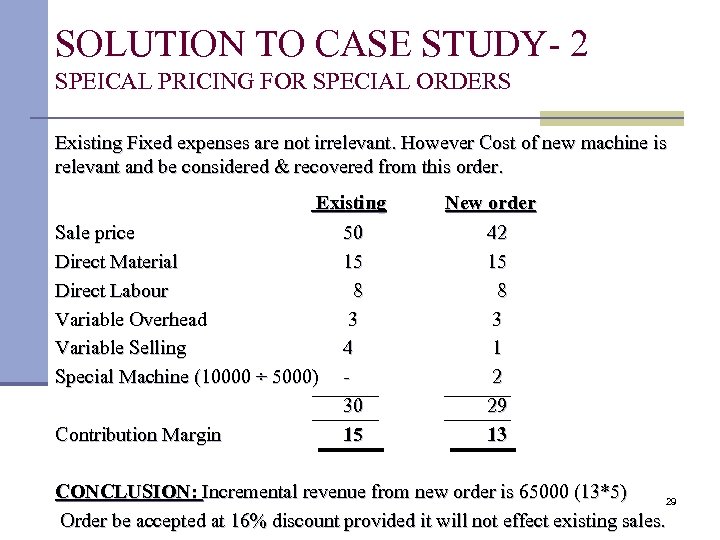 SOLUTION TO CASE STUDY- 2 SPEICAL PRICING FOR SPECIAL ORDERS Existing Fixed expenses are