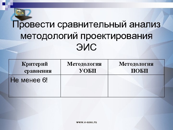 Провести сравнительный анализ методологий проектирования ЭИС Критерий сравнения Не менее 6! Методология УОБП Методология