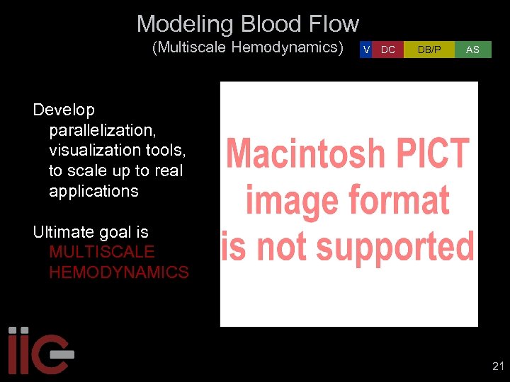 Modeling Blood Flow (Multiscale Hemodynamics) V DC DB/P AS Develop parallelization, visualization tools, to