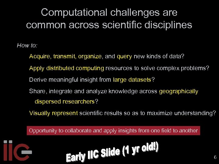 Computational challenges are common across scientific disciplines How to: Acquire, transmit, organize, and query