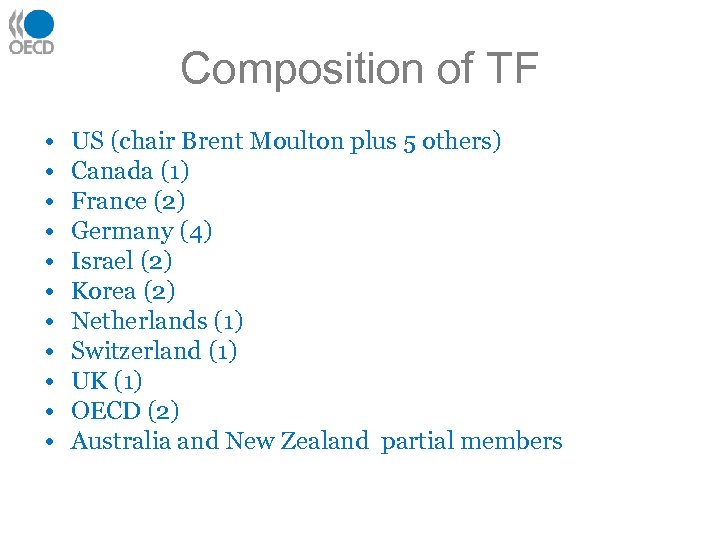 Composition of TF • • • US (chair Brent Moulton plus 5 others) Canada