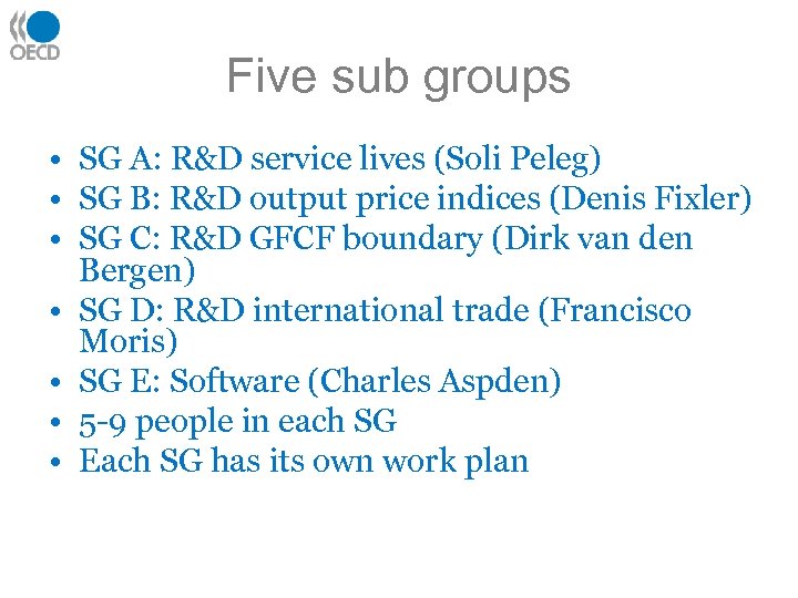 Five sub groups • SG A: R&D service lives (Soli Peleg) • SG B: