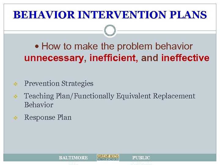 BEHAVIOR INTERVENTION PLANS How to make the problem behavior unnecessary, inefficient, and ineffective v