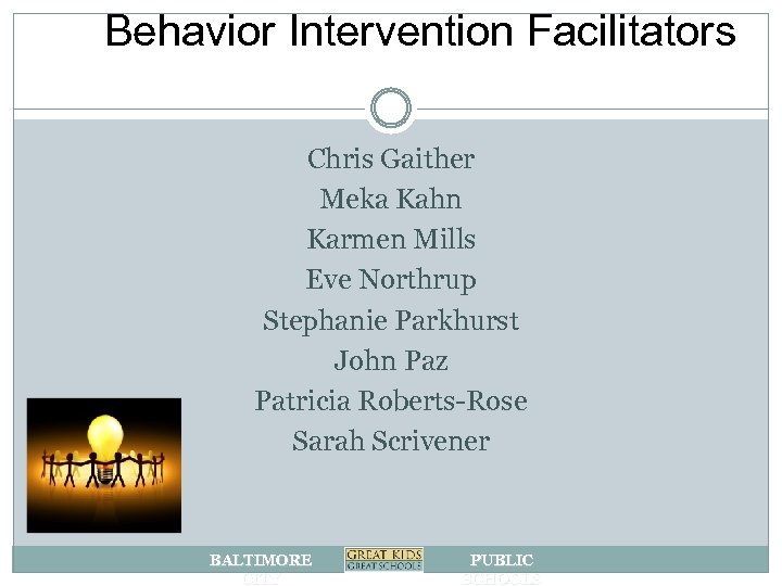Behavior Intervention Facilitators Chris Gaither Meka Kahn Karmen Mills Eve Northrup Stephanie Parkhurst John