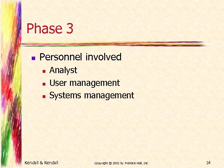 Phase 3 n Personnel involved n n n Analyst User management Systems management Kendall
